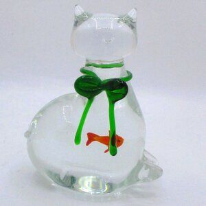 Glass Cat Figurine With Green Bow Orange Fish Encased Inside -Bubbles Unique  I